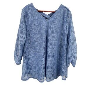 New Directions Size 2X Shirt Women’s Blue Lace Romantic V-Neck 3/4 Sleeve NEW